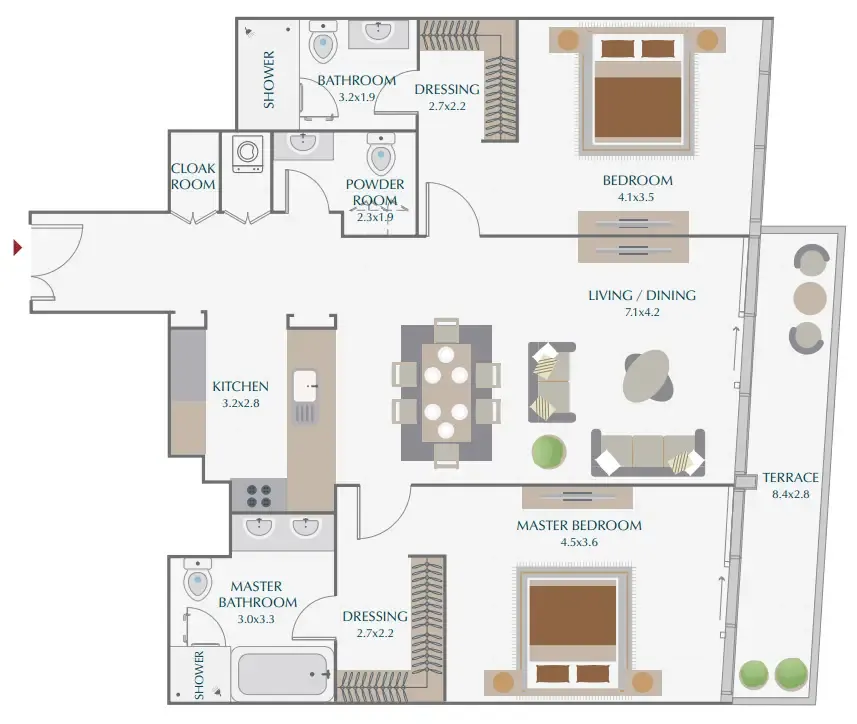 2 bedroom Apartments floor plan at Wasl 1 Park Gate Residences