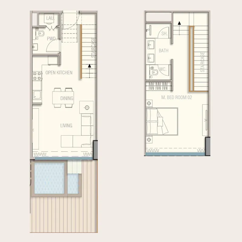 1 bedroom Duplex floor plan at Aquora by Casa Vista Development