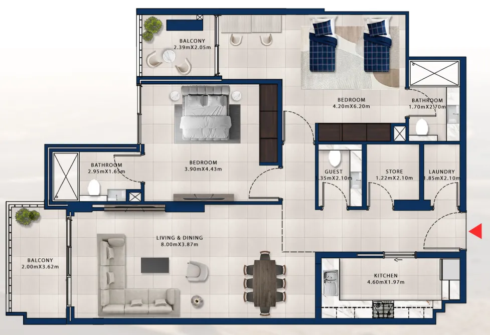 2 bedroom Apartments floor plan at Asayel Avenue