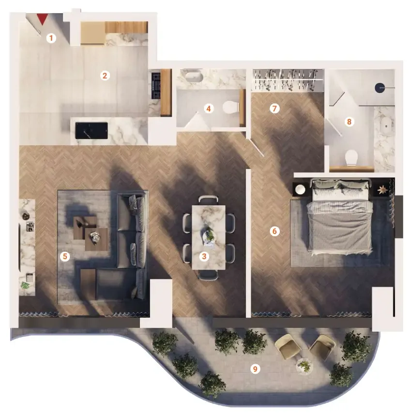 1 bedroom apartments floor plan at The Orchard Place Towers D & E