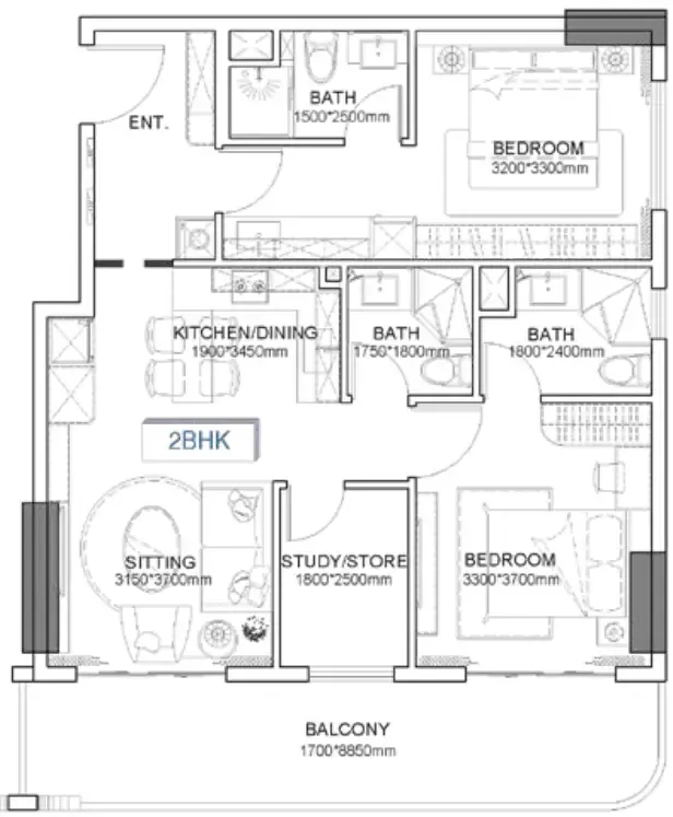 2 bedroom Apartments floor plan at Listone Residence
