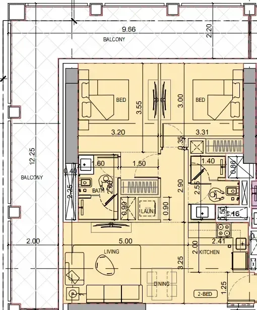 2 bedroom Apartments floor plan at Binghatti Titania