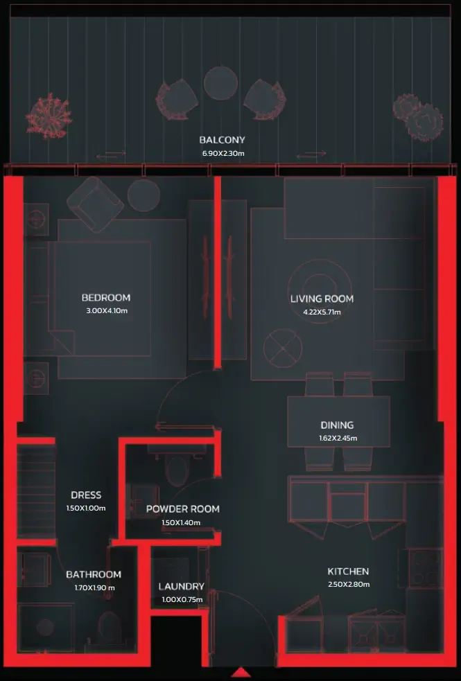 1 bedroom Apartments floor plan at Tonino Lamborghini Residences by BNW Developments