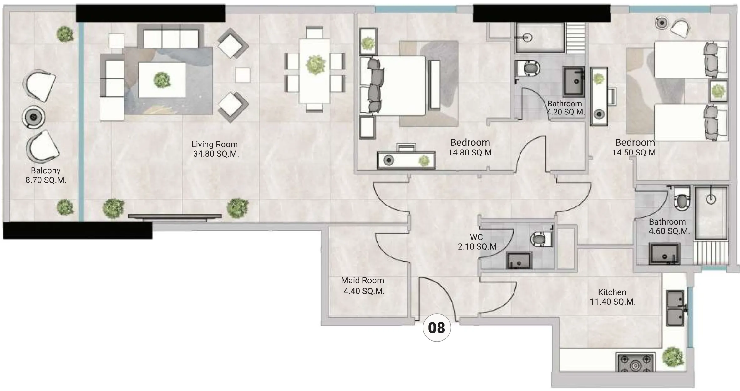 2.5 bedroom Apartments floor plan at Oasis Tower 3