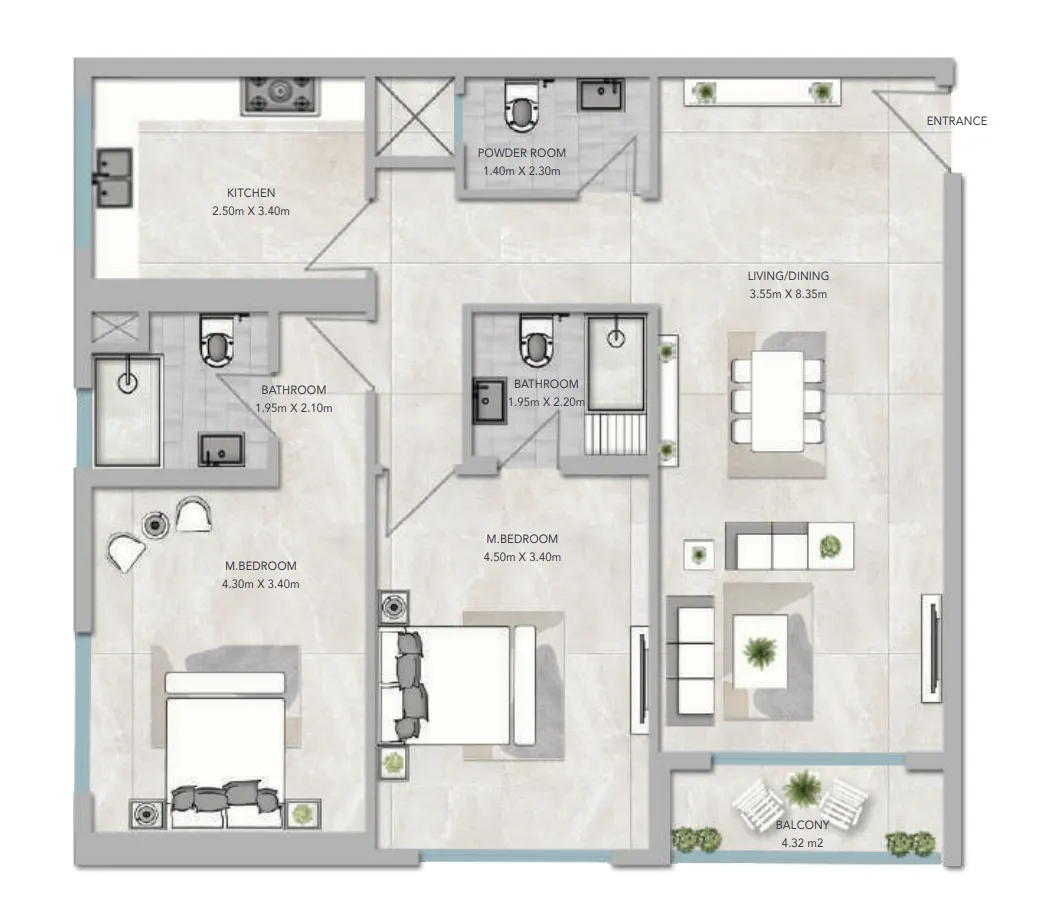 2 bedroom apartments floor plan at Al Aamra 3 Tower