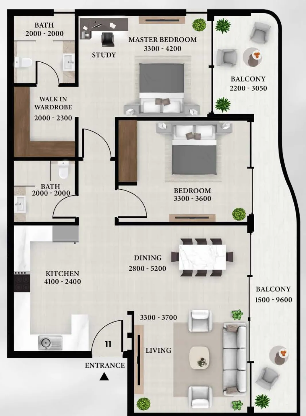 2.5 bedroom Apartments floor plan at Avion Residence