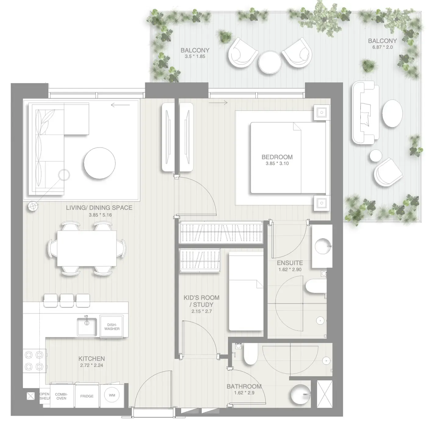 1.5 bedroom Apartments floor plan at Sol Levante