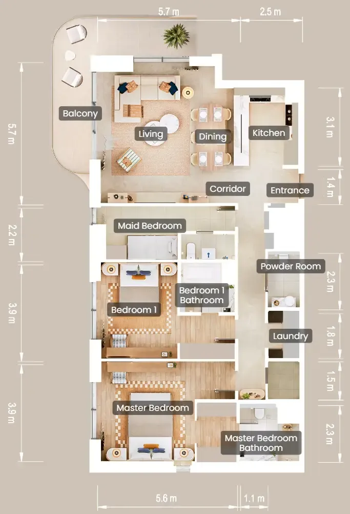 2.5 bedroom Apartments floor plan at The Beach House Fahid