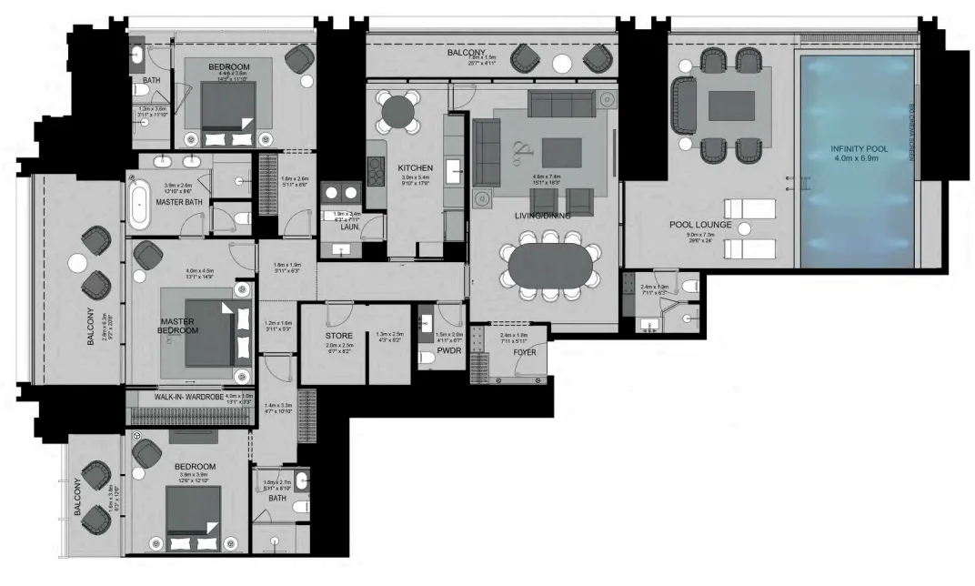 3 bedroom Apartments floor plan at Burj Binghatti Jacob and Co Residences