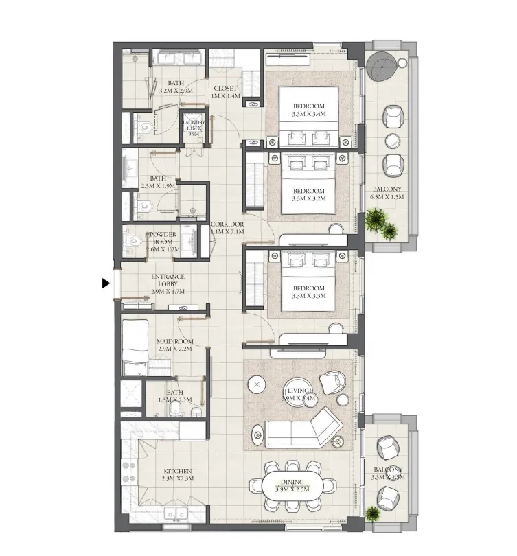 3 bedroom Apartments floor plan at Mangrove