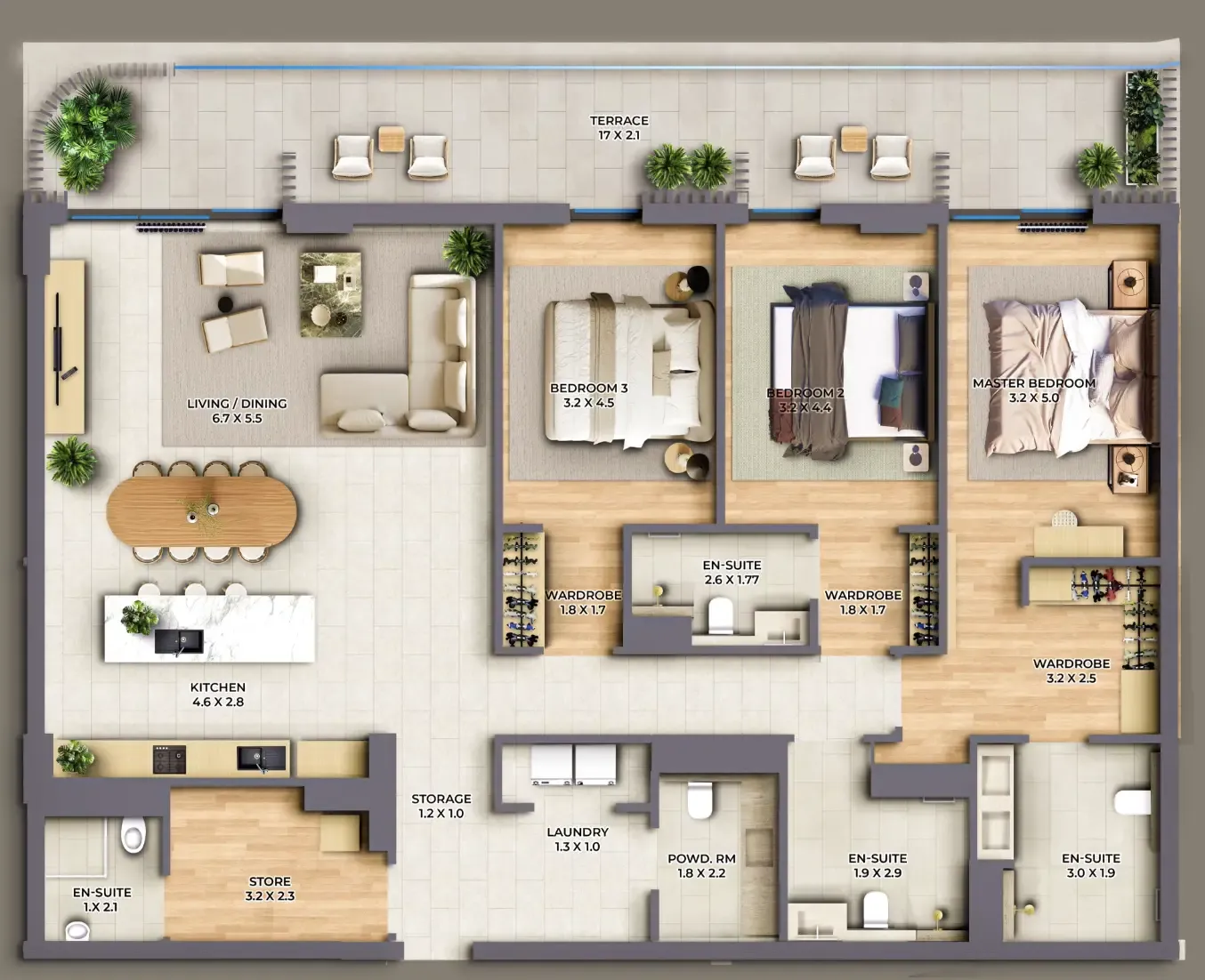 3 bedroom Apartments floor plan at The Cape