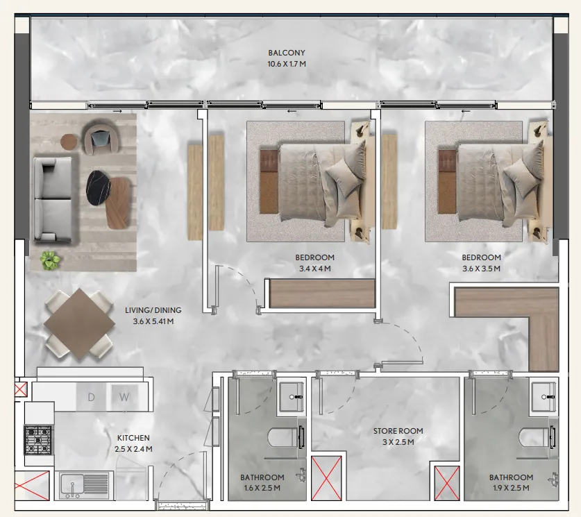 2 bedroom Apartments floor plan at California Residences