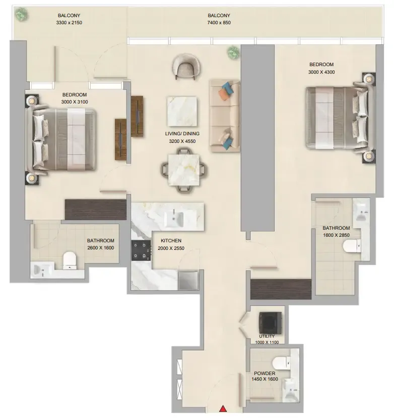 2 bedroom Apartments floor plan at The Pinnacle at Sobha Central