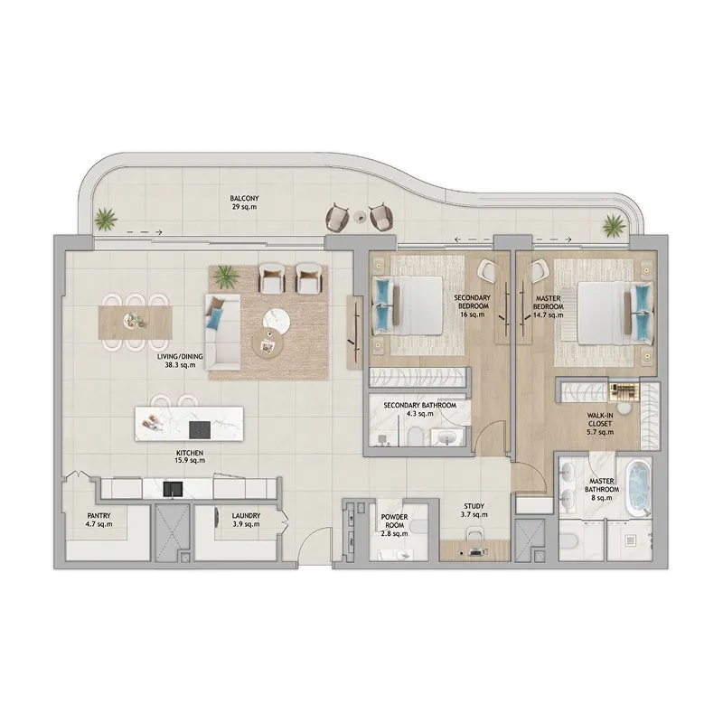 2 bedroom Apartments floor plan at Fahid Beach Terraces