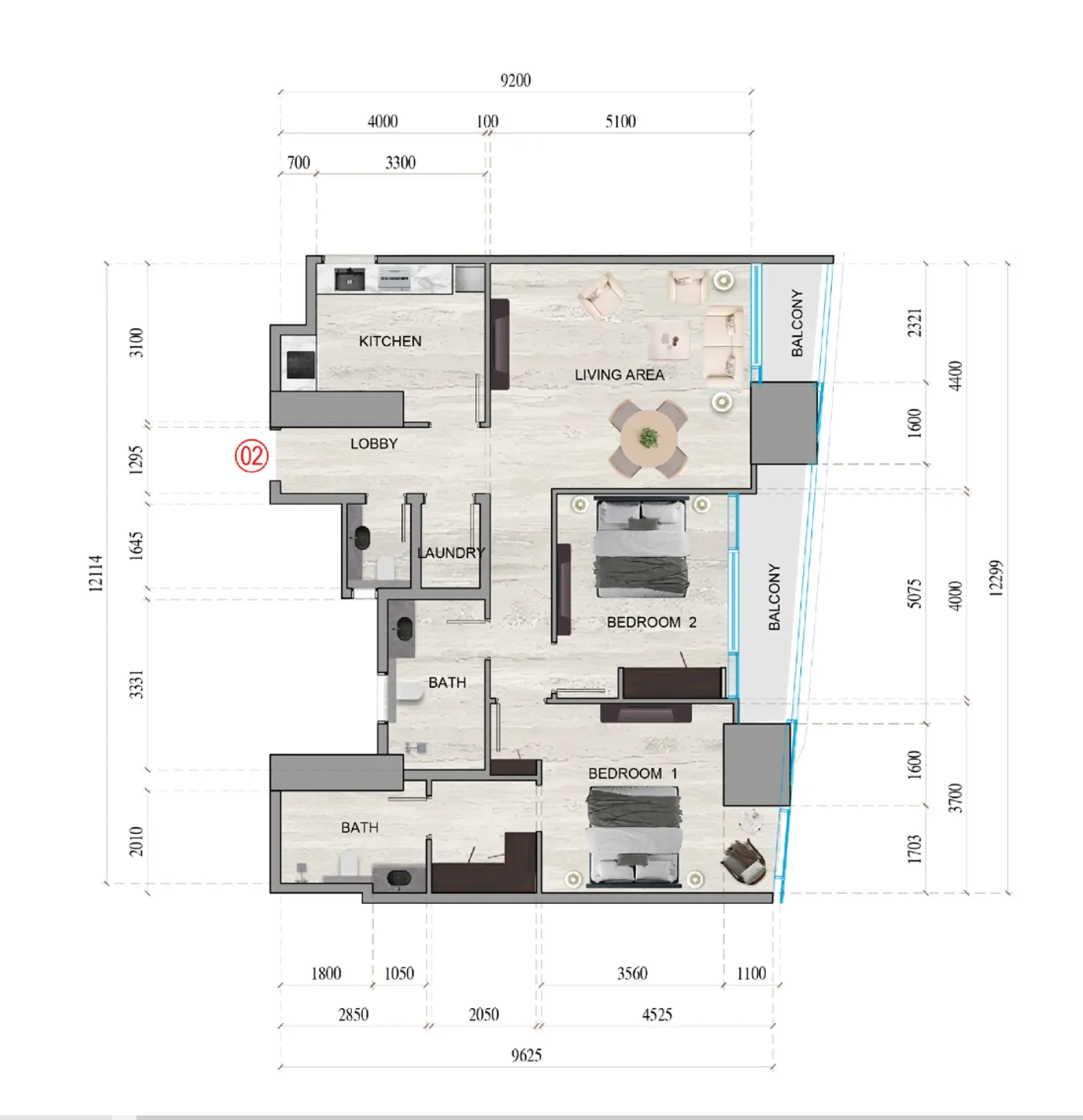 2 bedroom Apartments floor plan at Al Ghaf Tower