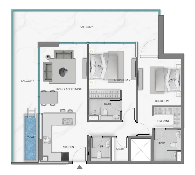2 bedroom Apartments floor plan at Ocean Crest