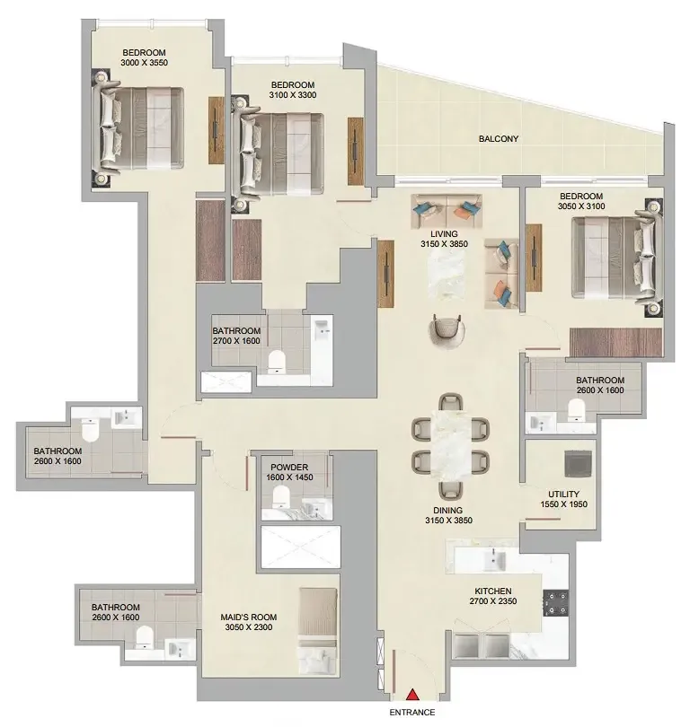 3 bedroom Apartments floor plan at The Serene at Sobha Central