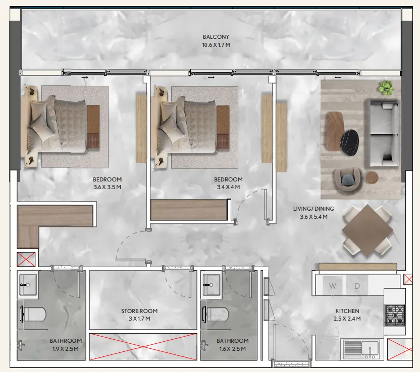 2 bedroom Apartments floor plan at California Residences