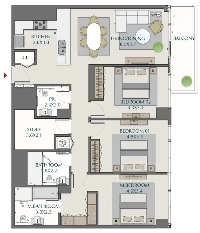 3 bedroom Apartments floor plan at Wasl1 1 Residences
