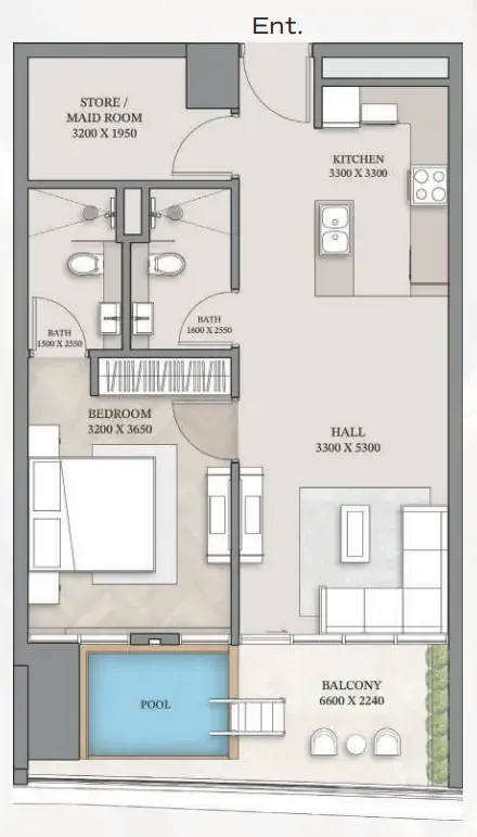 1.5 bedroom Apartments floor plan at Empire Gardens