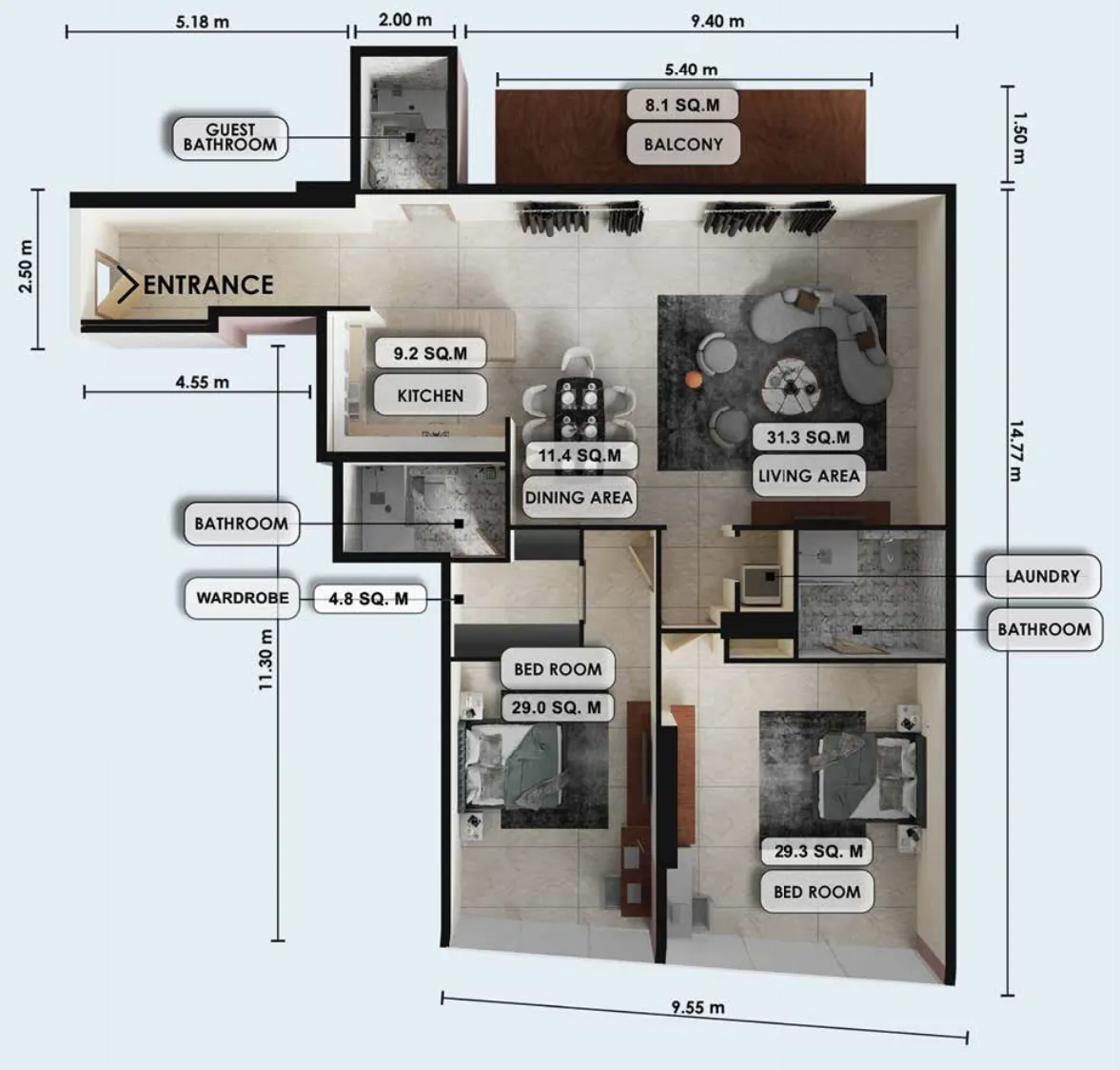 2 bedroom Apartments floor plan at Zenith J1