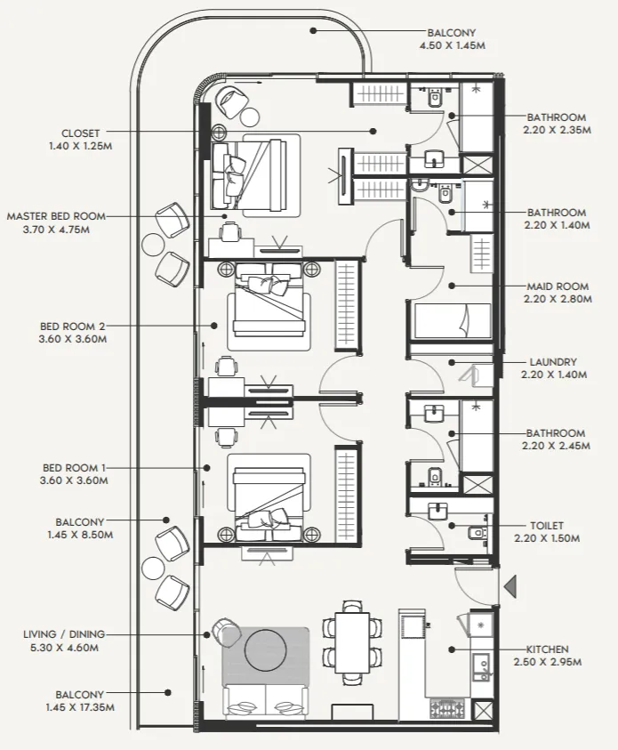 3 bedroom Apartments floor plan at Azizi Amir