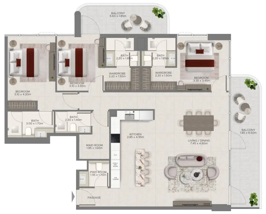 3 bedroom Apartments floor plan at Ramada Residences by Wyndham at Dubai Islands