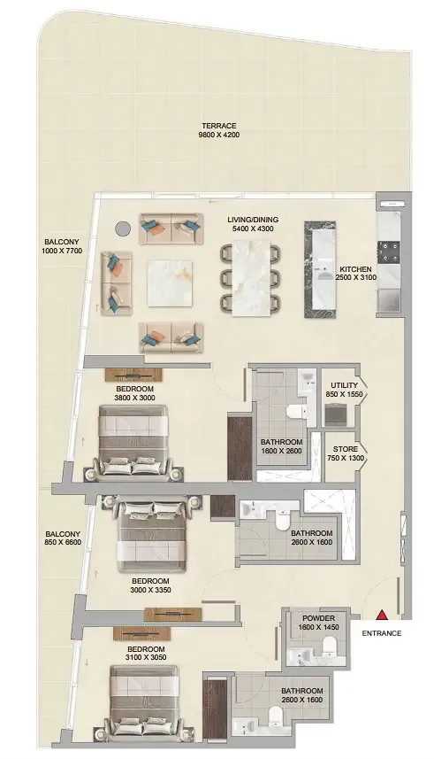 3 bedroom Apartments floor plan at River Cove Residences at Sobha City
