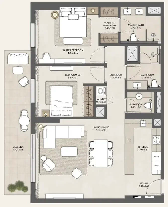 2 bedroom Apartments floor plan at Expo Valley Views - Ghadeer