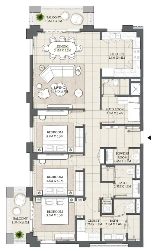 3 bedroom Apartments floor plan at Palace Residences Creek Blue
