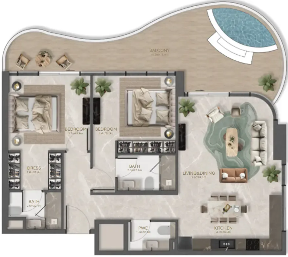 2 bedroom Apartments floor plan at La Perla by BNW Developments