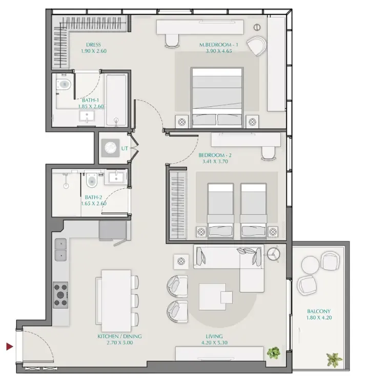 2 bedroom Apartments floor plan at Avenue Park Towers 1 at Wasl 1