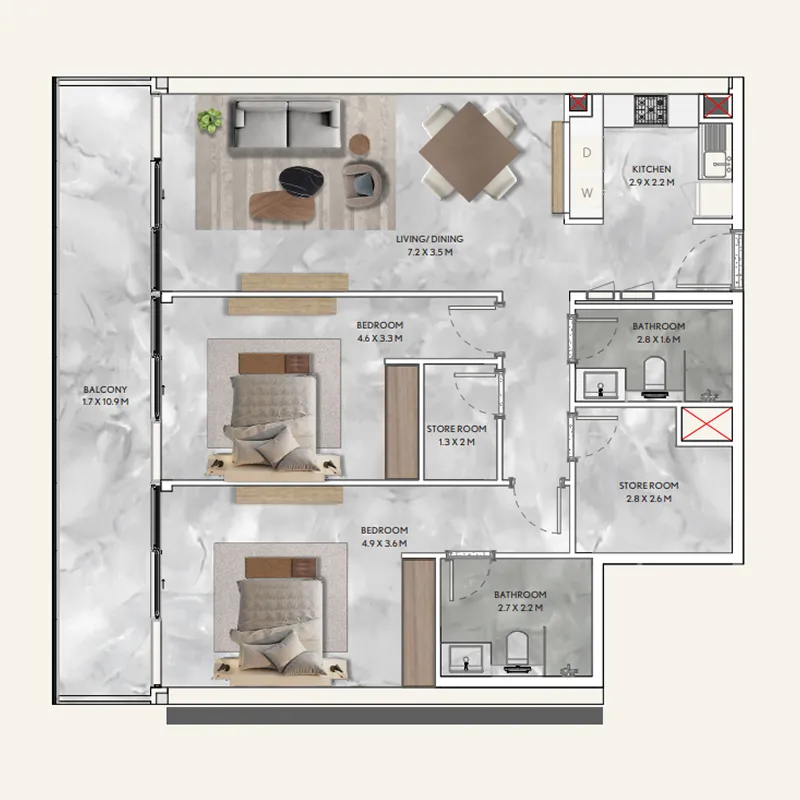 2 bedroom Apartments floor plan at California Residences
