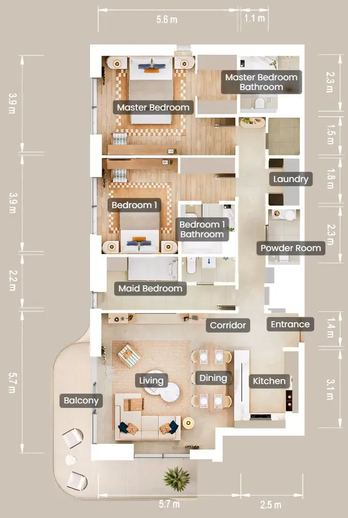 2.5 bedroom Apartments floor plan at The Beach House Fahid