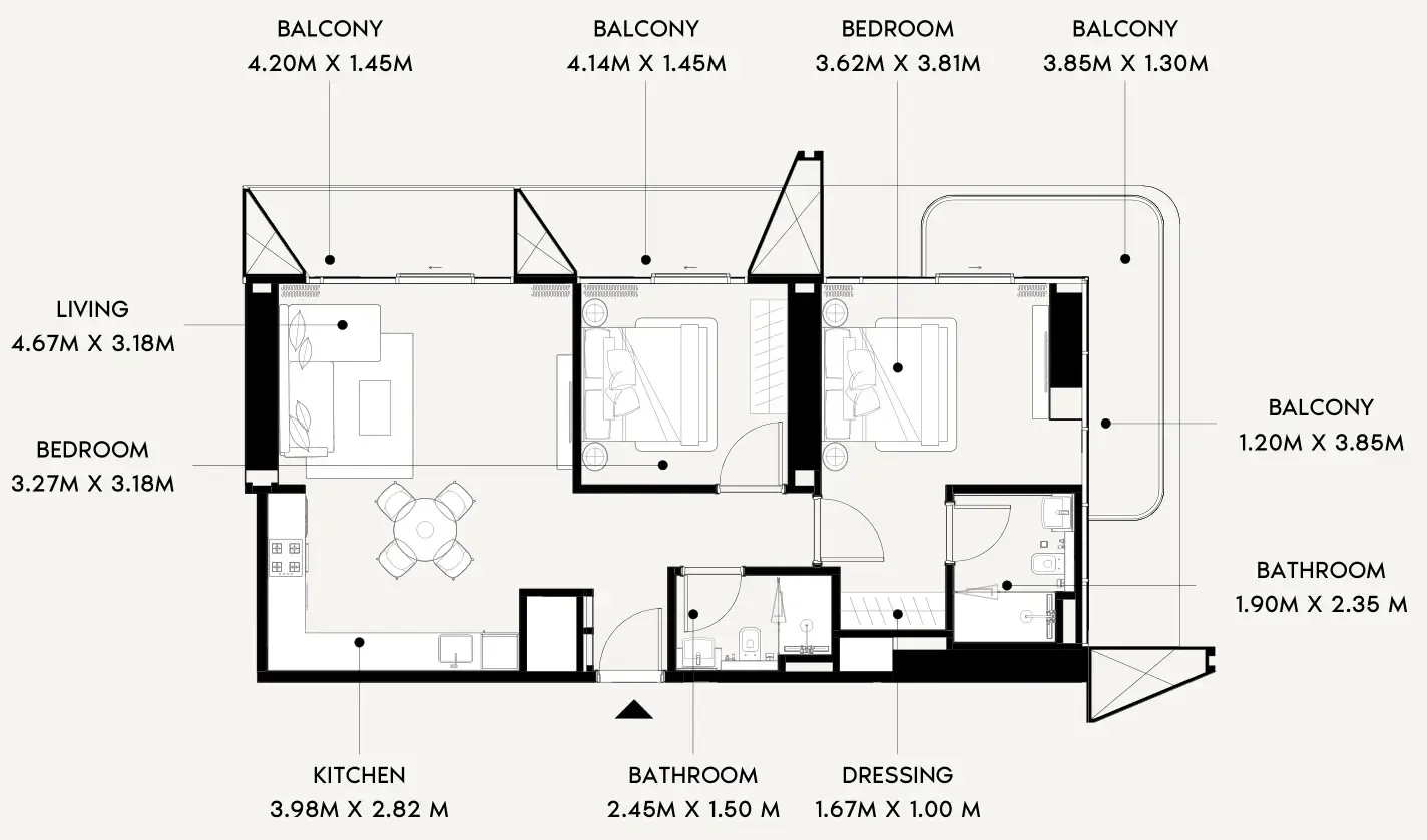 2 bedroom Apartments floor plan at Azizi Wares