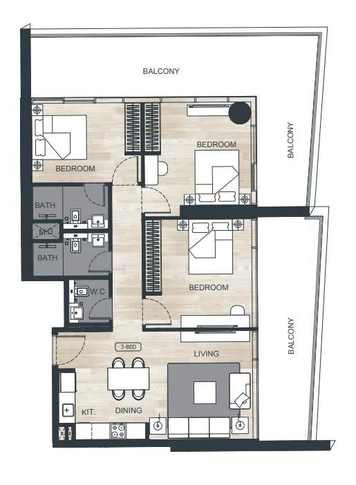 3 bedroom Apartments floor plan at Binghatti Ghost