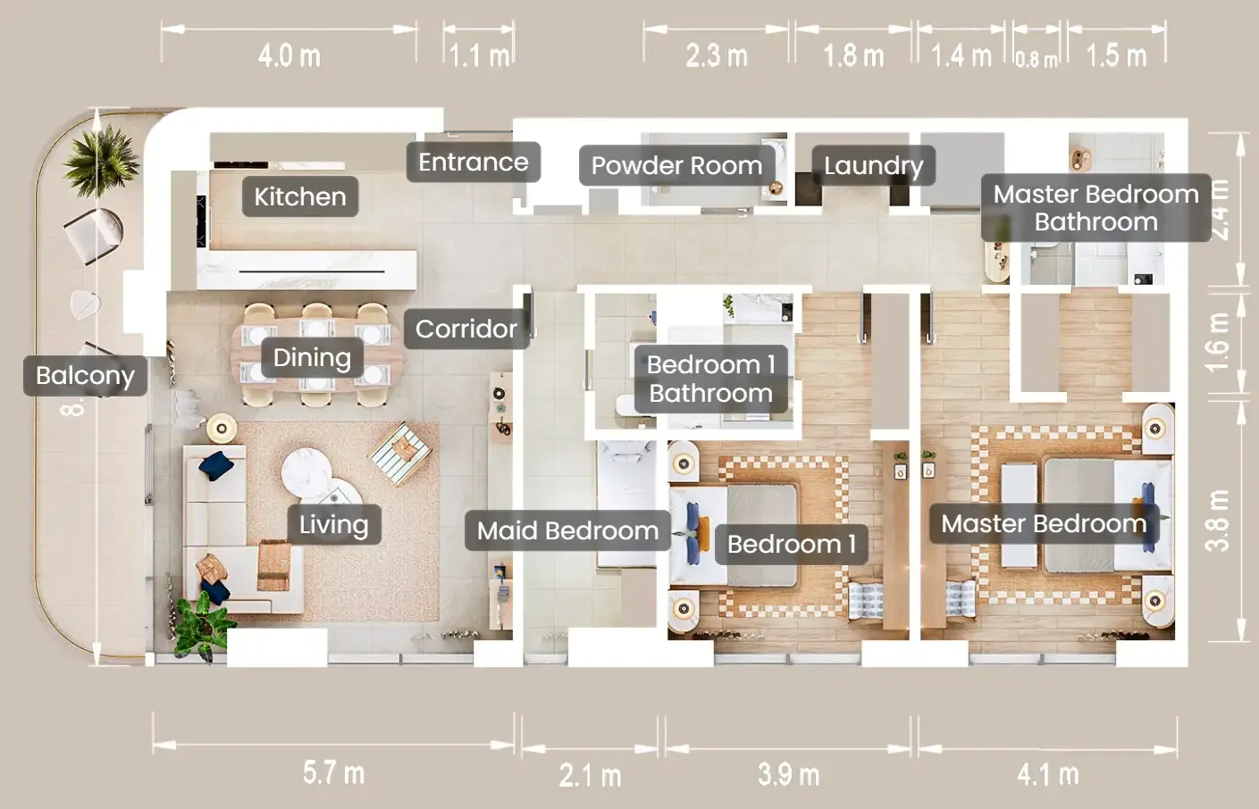 2.5 bedroom Apartments floor plan at The Beach House Fahid