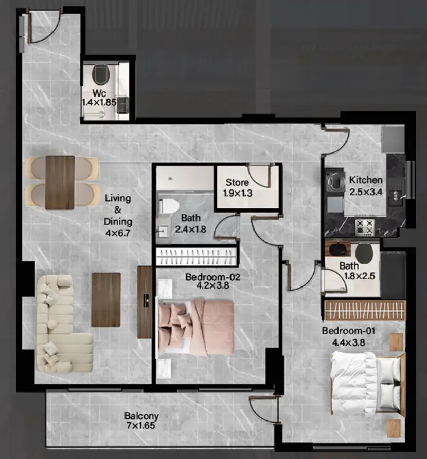 2 bedroom Apartments floor plan at Rose Gardens 2