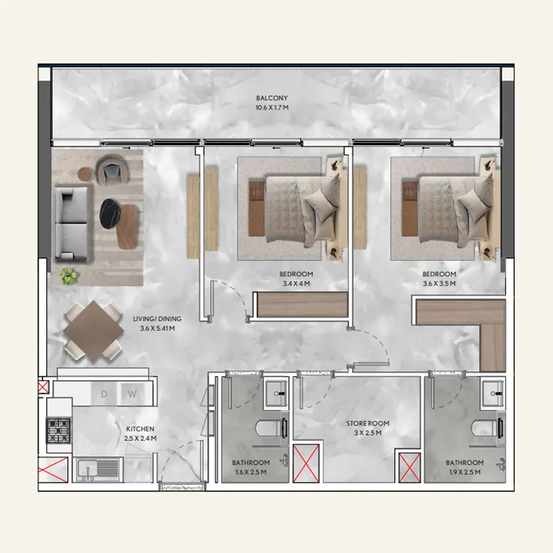 2 bedroom Apartments floor plan at California Residences