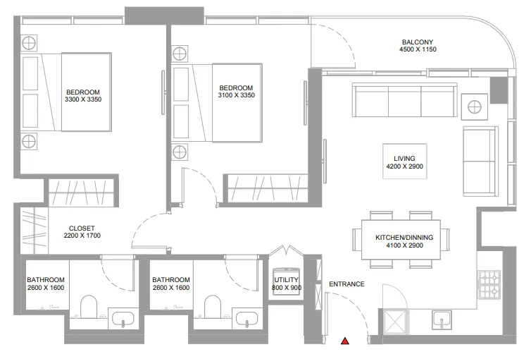 2 bedroom Apartments floor plan at Pristine Beach Residences