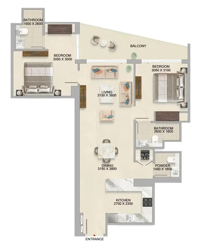 2 bedroom Apartments floor plan at The Tranquil at Sobha Central