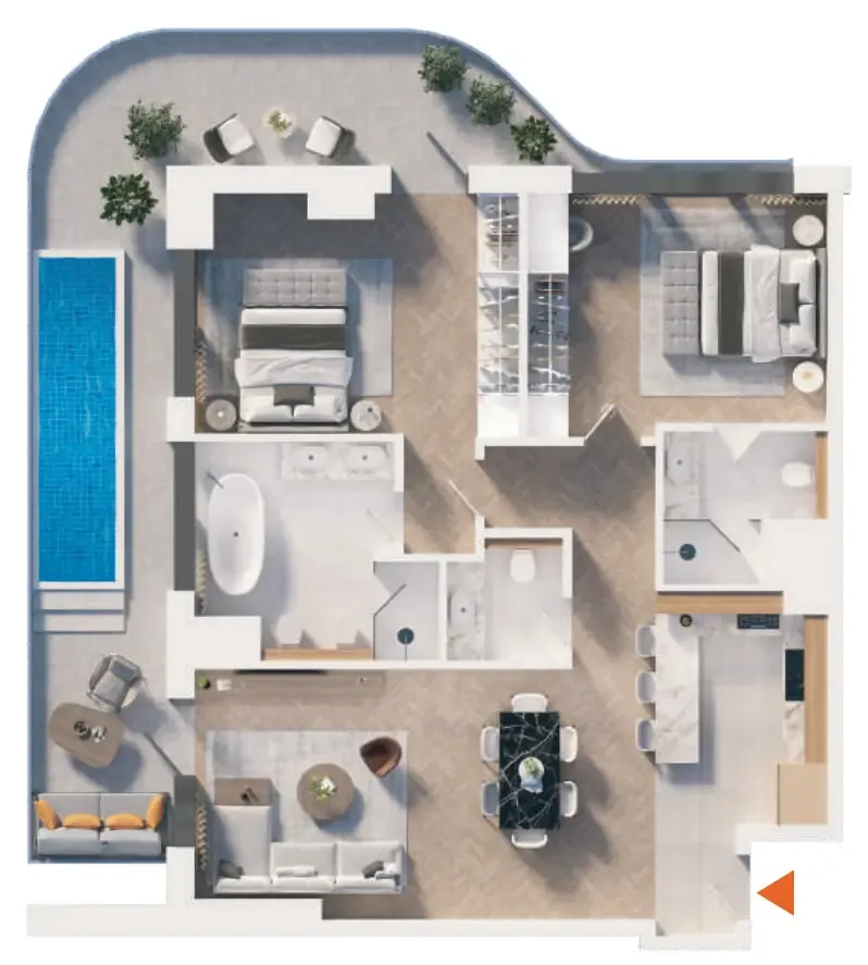 2 bedroom apartments floor plan at The Orchard Place Towers D & E