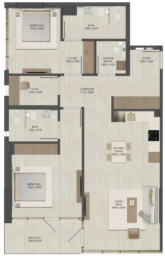 2 bedroom Apartments floor plan at JAD 288