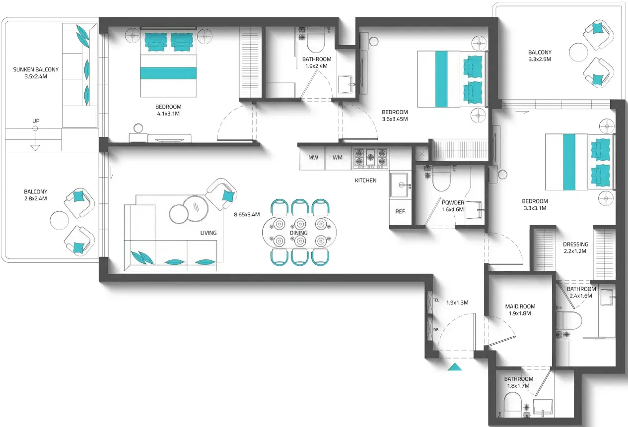 3 bedroom Apartments floor plan at Reef 996