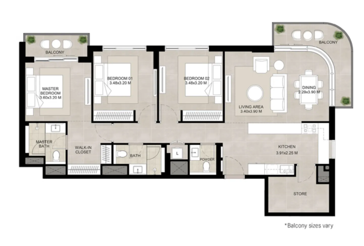 3 bedroom Apartments floor plan at The Baltimore