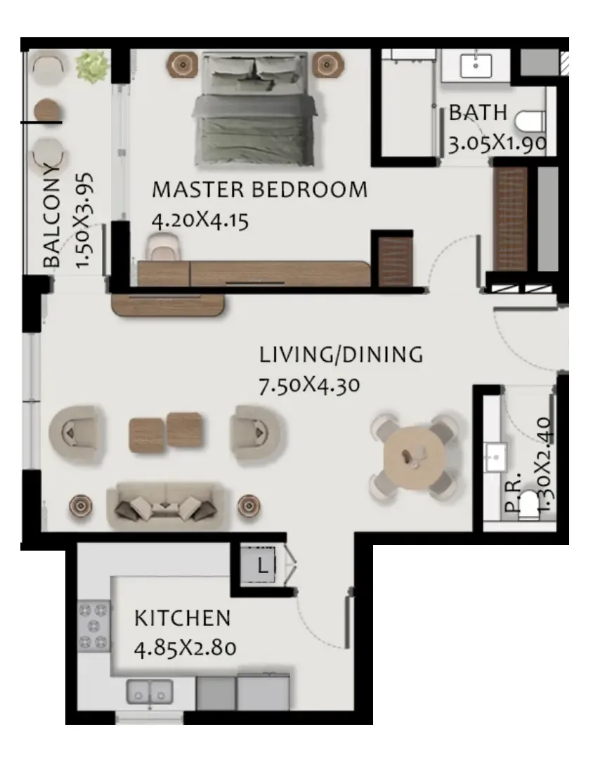 1 bedroom Apartments floor plan at Boulevard Park at Wasl Gate