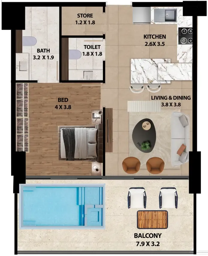 1 bedroom Apartments floor plan at Marquis One