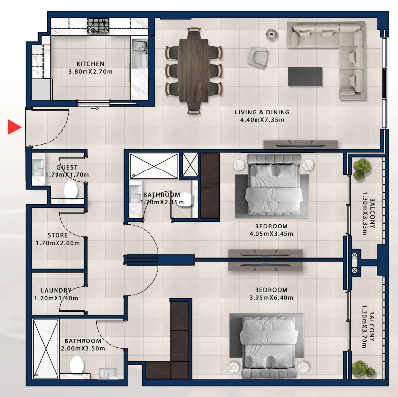 2 bedroom Apartments floor plan at Asayel Avenue