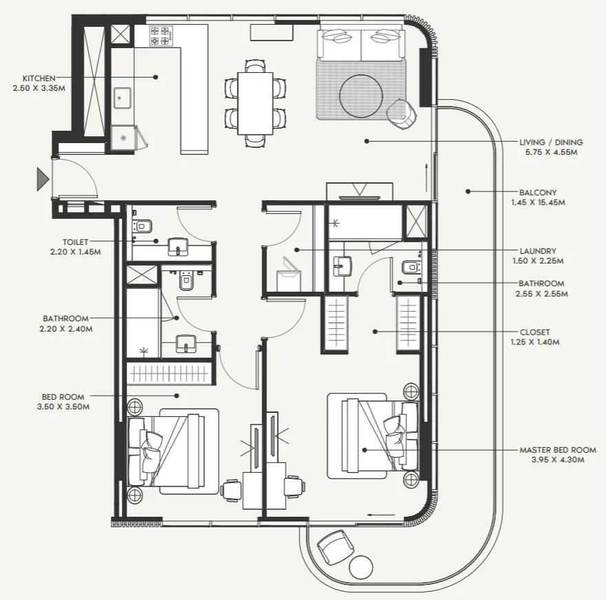 2 bedroom Apartments floor plan at Azizi Amir