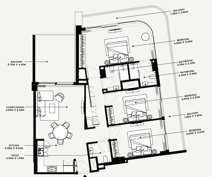 3 bedroom Apartments floor plan at Azizi Arian